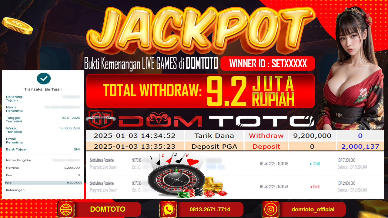 JACKPOT LIVE GAMES SLOT MANIA ROULATTE 03 JANUARI 2024